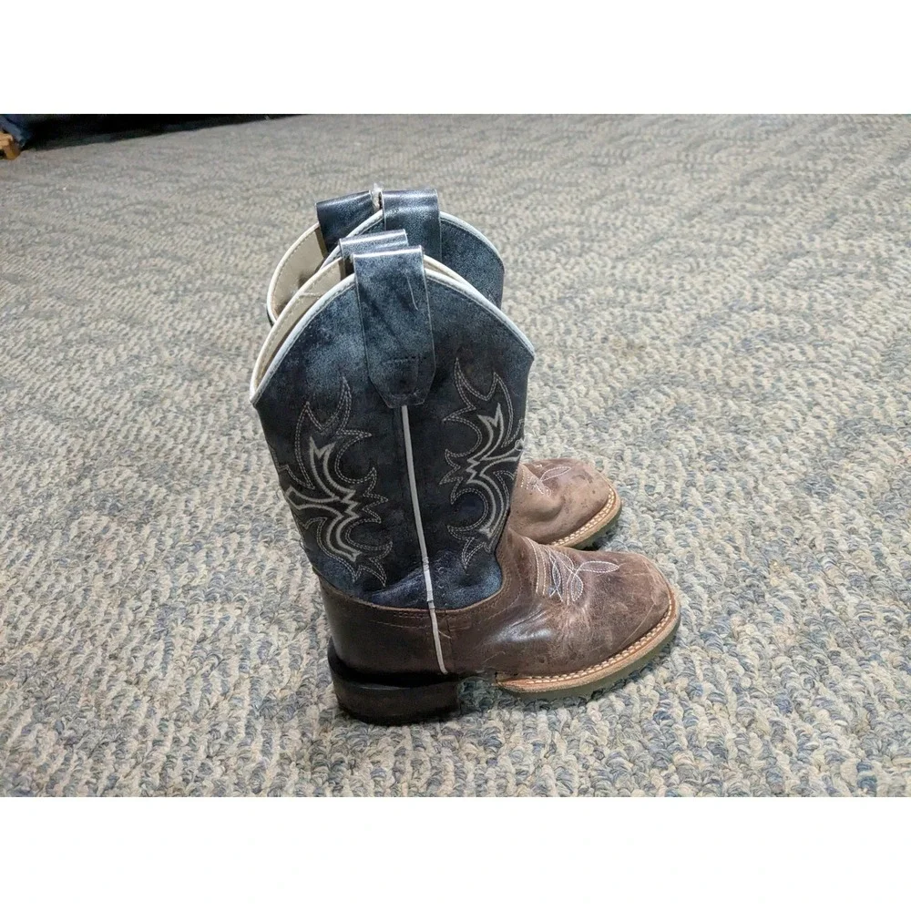 Old West BSC1914 Kids Western Boots Brown Navy Blue Leather Square Toe Size 9D